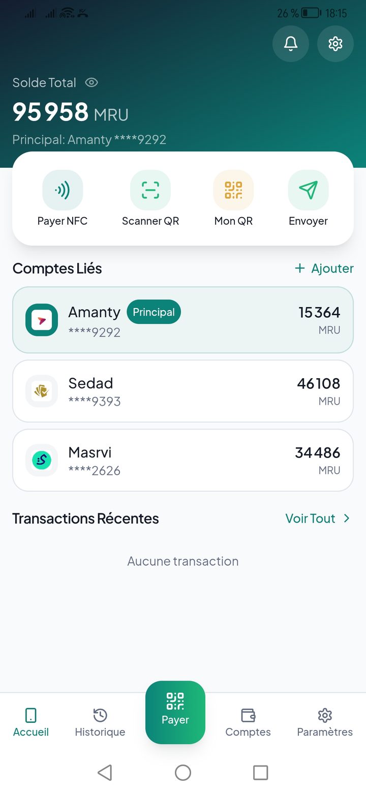Écran d'accueil de l'application EasyPay : wallets reliés et bouton Payer